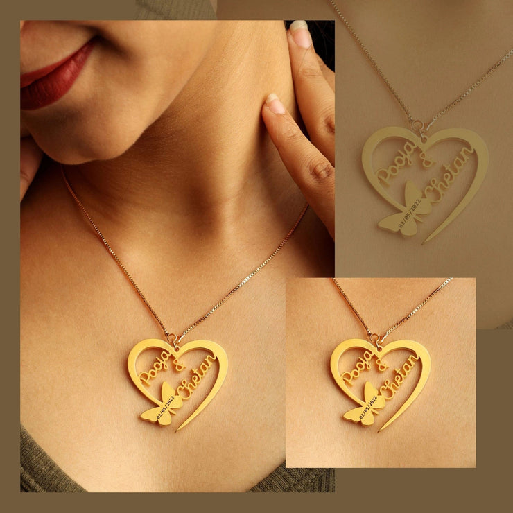 Butterfly Heart Couple Name Necklace – 24k Gold Plated