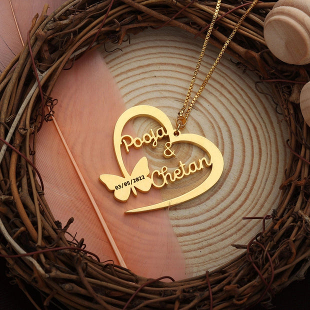 Butterfly Heart Couple Name Necklace – 24k Gold Plated