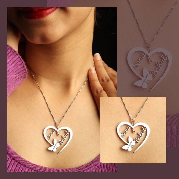 Butterfly Heart Couple Name Necklace – 24k Gold Plated